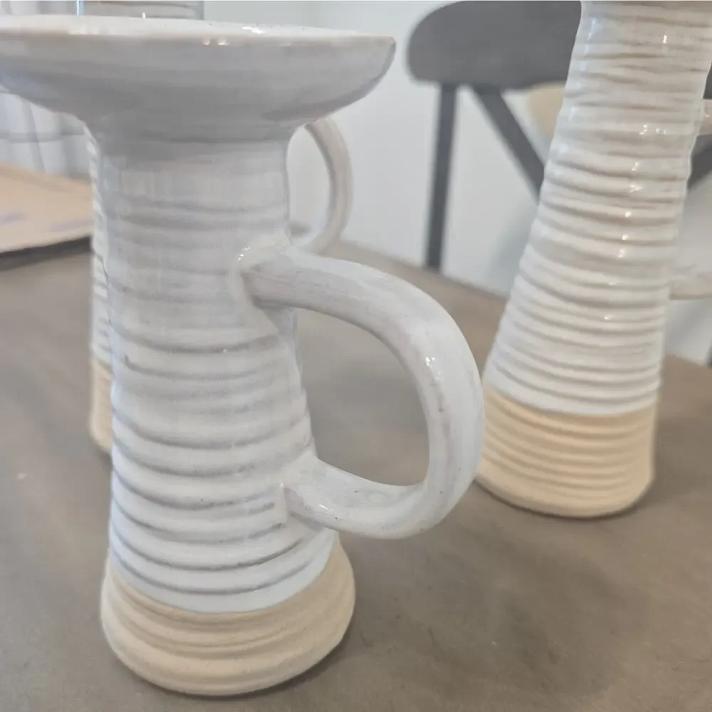 Set Of 3 Mud Pie Farm Taper Candle Stick Holders Glazed Ceramic